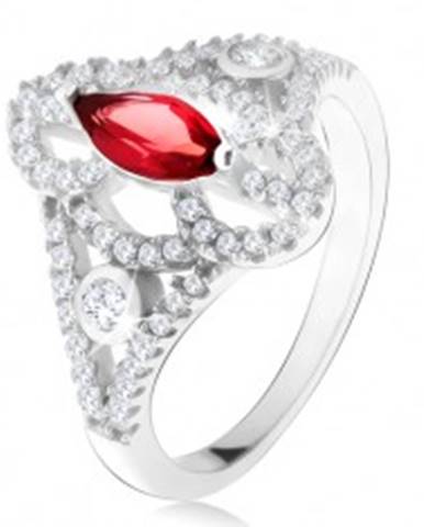 Strieborný 925 prsteň, zrniečkový červený kameň, vyrezávané zirkónové ramená - Veľkosť: 49 mm