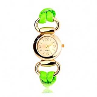 Analógové hodinky, okrúhly ciferník zlatej farby, latexový zelený remienok