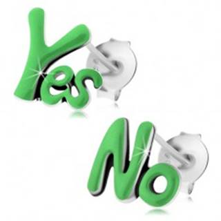 Puzetové náušnice zo striebra 925, patinované slová Yes a No, zelená glazúra