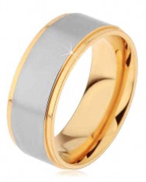 Lesklý oceľový prsteň strieborno-zlatej farby s dvomi zárezmi - Veľkosť: 57 mm