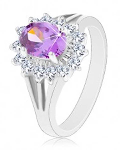 Ligotavý prsteň v striebornej farbe, fialový ovál, priezračná zirkónová obruba - Veľkosť: 50 mm