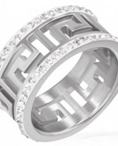 Lesklý oceľový prsteň s výrezom - grécky symbol, žiarivé pásy - Veľkosť: 51 mm