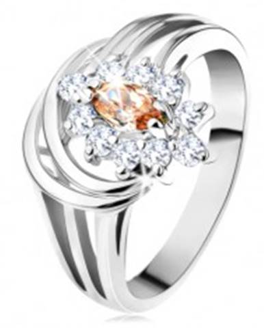 Lesklý prsteň so strieborným odtieňom, kvet zo svetlohnedo-čírych zirkónov - Veľkosť: 54 mm