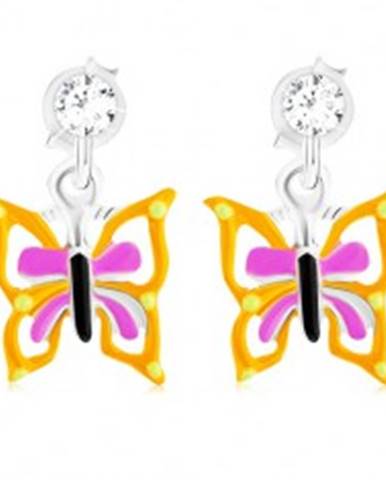 Puzetové náušnice zo striebra 925, motýľ so žlto-fialovými krídlami, glazúra