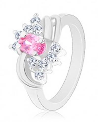 Trblietavý prsteň so striebornou farbou a s ružovým oválom, číre zirkóniky, oblúky - Veľkosť: 49 mm