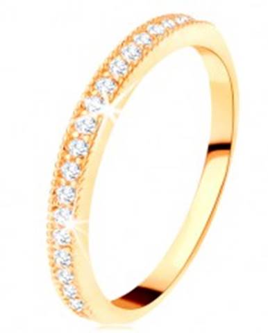 Zlatý prsteň 585 - číry zirkónový pás s vyvýšeným vrúbkovaným lemom - Veľkosť: 49 mm