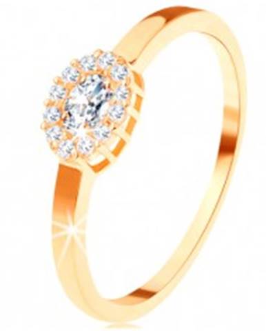 Zlatý prsteň 585 - oválny číry zirkón lemovaný okrúhlymi zirkónikmi - Veľkosť: 49 mm