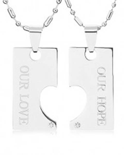 Oceľové náhrdelníky pre dvoch, známka s výrezom polovičného srdca, nápis
