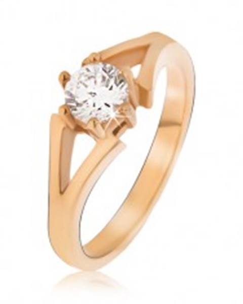 Oceľový prsteň zlatej farby, rozvetvujúce sa ramená, číry kamienok - Veľkosť: 49 mm