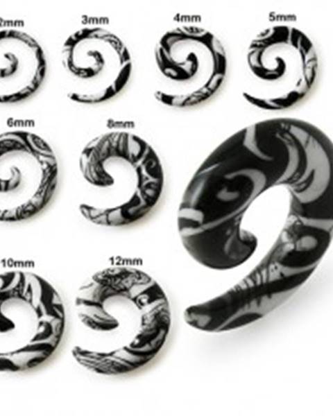 Špirálový expander do ucha bielej farby, čierny ornament - Hrúbka: 10 mm