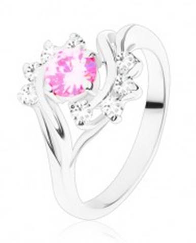 Lesklý prsteň s úzkymi ramenami v striebornej farbe, ružový zirkón, číry oblúk - Veľkosť: 51 mm