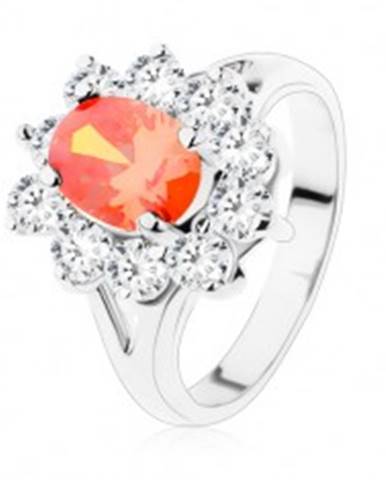 Lesklý prsteň so striebornou farbou, oranžový ovál, číra zirkónová obruba - Veľkosť: 51 mm