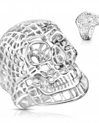 Masívny oceľový prsteň v striebornom odtieni, sieťovaná lebka - Veľkosť: 58 mm