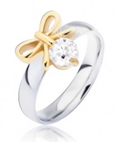 Oceľový prsteň s mašličkou zlatej farby a čírym zirkónom - Veľkosť: 49 mm