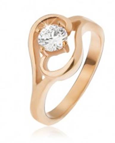 Oceľový prsteň zlatej farby, ramená ukončené vlnkou, číry zirkón - Veľkosť: 49 mm