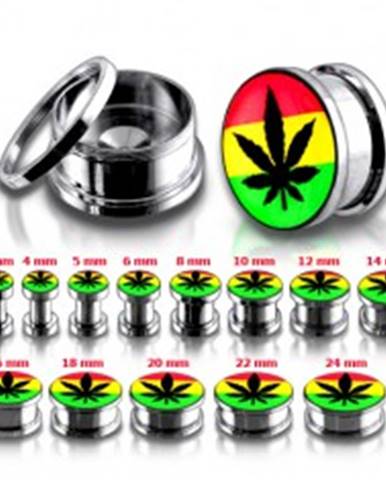 Oceľový tunel plug do ucha, marihuana a rasta farby - Hrúbka: 10 mm