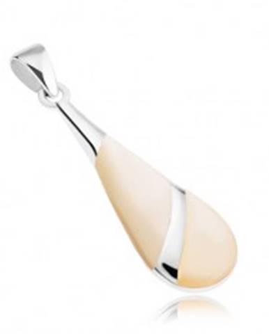 Prívesok - kvapka zdobená bielou perleťou, šikmá lesklá línia, striebro 925