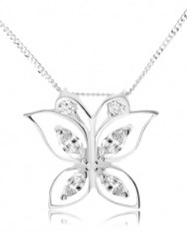 Strieborný 925 náhrdelník, trblietavý motýľ, číre zirkóny v obrysoch krídel