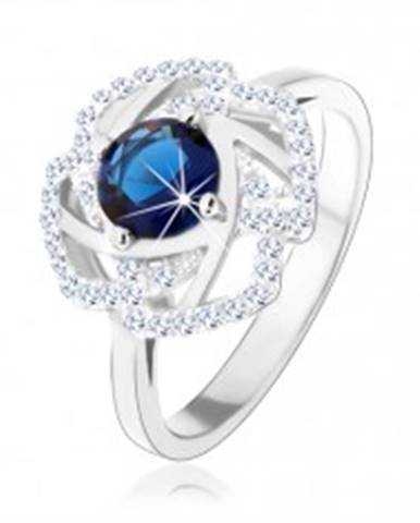 Strieborný 925 prsteň, trblietavý obrys kvetu, modrý okrúhly zirkón - Veľkosť: 51 mm