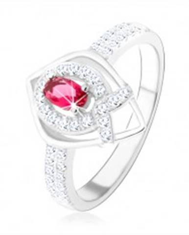 Strieborný prsteň 925, obrys špicatej slzy, ružový zirkón, línia v tvare "V" - Veľkosť: 50 mm