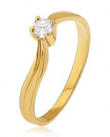 Zlatý prsteň 585 - lesklé zvlnené ramená, priehlbina, číry kamienok - Veľkosť: 49 mm