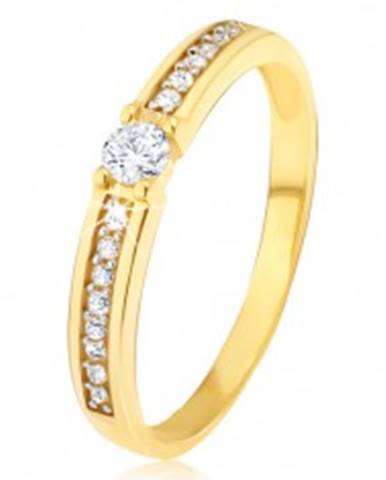Zlatý prsteň 585 - okrúhly číry zirkón v strede, tenké pásy kamienkov po stranách - Veľkosť: 49 mm