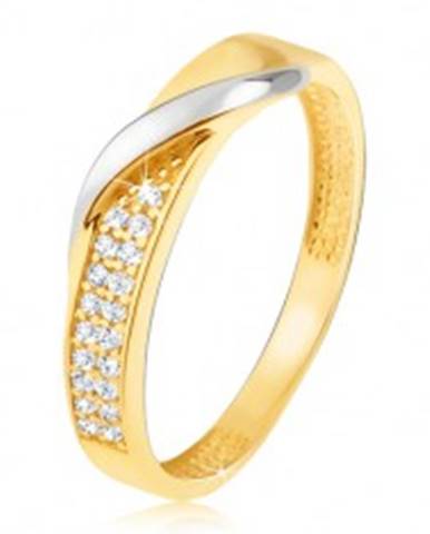 Zlatý prsteň 585 - pás drobných čírych zirkónov, zvlnená línia v bielom zlate - Veľkosť: 48 mm