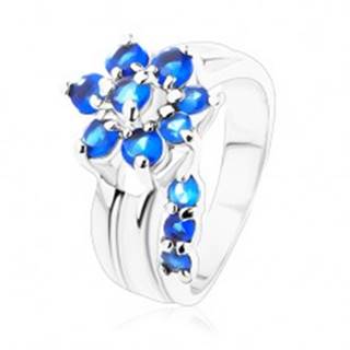 Jagavý prsteň s rozdelenými ramenami, zirkónový kvet v modrom odtieni - Veľkosť: 49 mm
