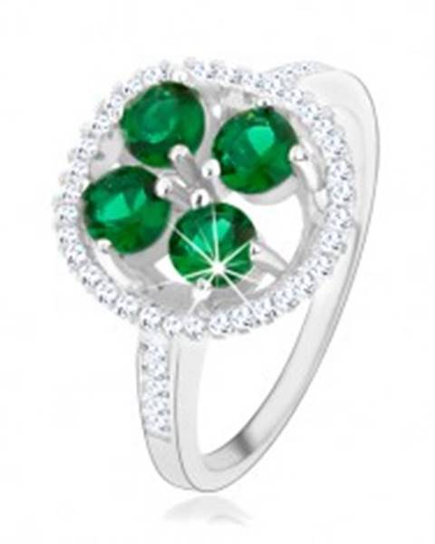 Zásnubný strieborný prsteň 925, okrúhly ligotavý kvet, zelené zirkóny - Veľkosť: 49 mm