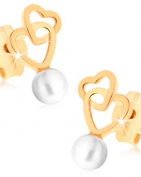 Zlaté náušnice 375 - dva prepojené obrysy sŕdc, guľatá biela perlička