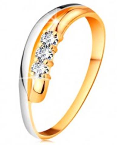 Briliantový prsteň v 18K zlate, zvlnené dvojfarebné línie ramien, tri číre diamanty - Veľkosť: 51 mm