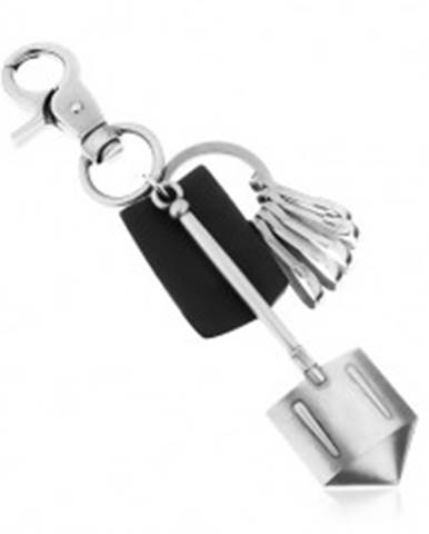 Čierno-sivý patinovaný prívesok na kľúče s matným povrchom, koža a lopata