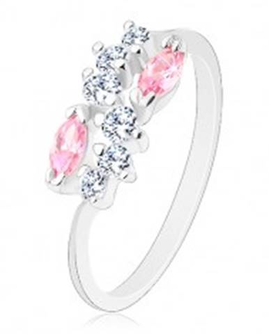 Lesklý prsteň so zúženými ramenami, strieborná farba, číra vlnka a ružové zrná - Veľkosť: 58 mm