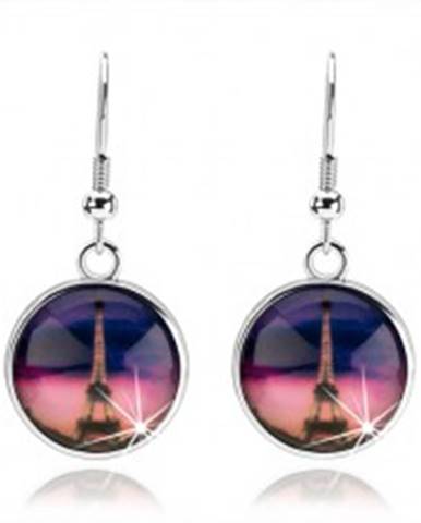 Náušnice cabochon, číra vypuklá glazúra, Eiffelova veža, ružovo-fialové pozadie