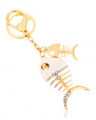 Prívesok na kľúče v zlatom odtieni, dve lesklé rybie kosti, biela glazúra, zirkóny