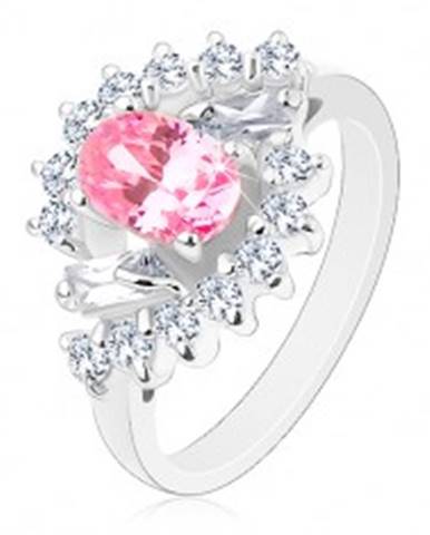 Prsteň v striebornom odtieni, brúsený ovál ružovej farby, číre zirkónové oblúky - Veľkosť: 51 mm