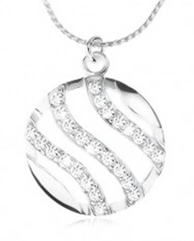 Strieborný náhrdelník 925, retiazka a okrúhly prívesok, vlnky vykladané zirkónmi