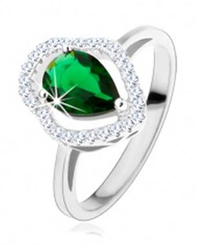 Strieborný prsteň 925, zelená zirkónová kvapka, číry ligotavý obrys - Veľkosť: 49 mm