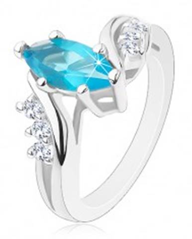 Trblietavý prsteň s modrým zrnom, rozdelené ramená s priezračnými zirkónikmi - Veľkosť: 49 mm