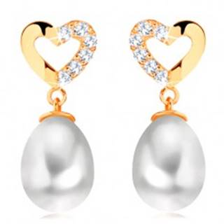 Diamantové náušnice zo žltého 14K zlata - kontúra srdca s briliantmi, oválna perla