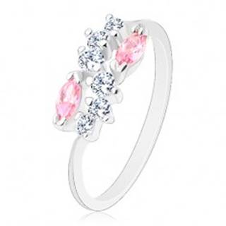 Lesklý prsteň so zúženými ramenami, strieborná farba, číra vlnka a ružové zrná - Veľkosť: 58 mm