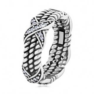 Patinovaný strieborný prsteň 925, motív točeného lana, krížiky so zirkónmi - Veľkosť: 50 mm