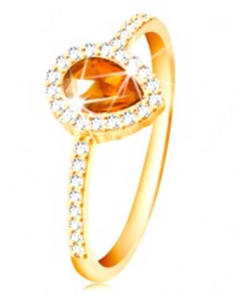 Prsteň zo žltého 14K zlata, kvapka oranžovej farby s čírym zirkónovým lemom - Veľkosť: 49 mm
