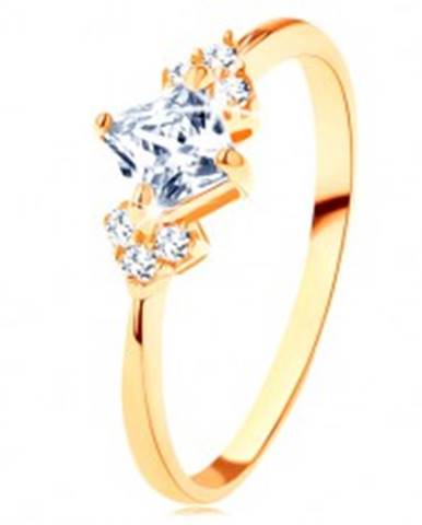 Ligotavý zlatý prsteň 585 - číry zirkónový štvorček, číre zirkóniky po stranách - Veľkosť: 49 mm