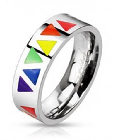 Oceľový prsteň s farebnými trojuholníkmi na podklade striebornej farby - Veľkosť: 49 mm