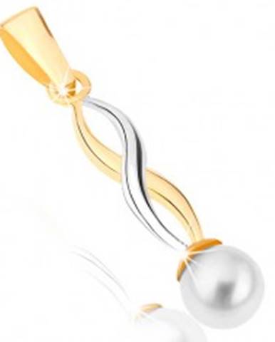 Zlatý prívesok 375 - lesklé dvojfarebné vlnky, guľatá perla bielej farby