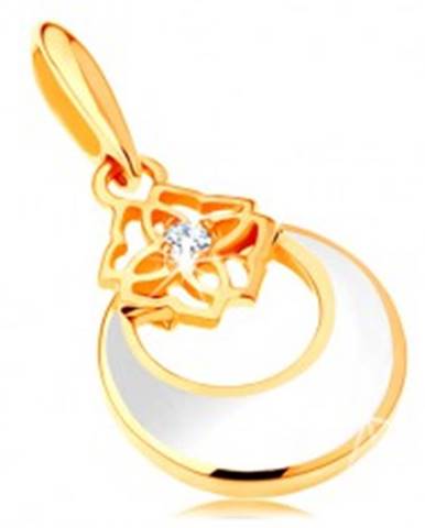 Zlatý prívesok 585 - kruh s výrezom a bielou glazúrou, ornament, zirkón