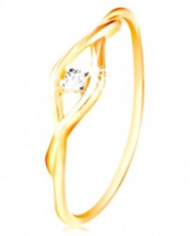 Zlatý prsteň 585 - číry okrúhly zirkón medzi dvomi tenkými vlnkami - Veľkosť: 49 mm