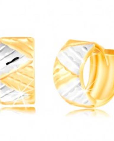 Náušnice v 14K zlate - širší krúžok s trojuholníkmi z bieleho a žltého zlata