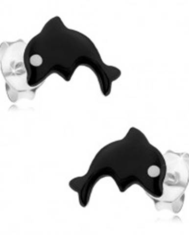 Strieborné 925 náušnice, malý delfín pokrytý čiernou glazúrou, biele očko